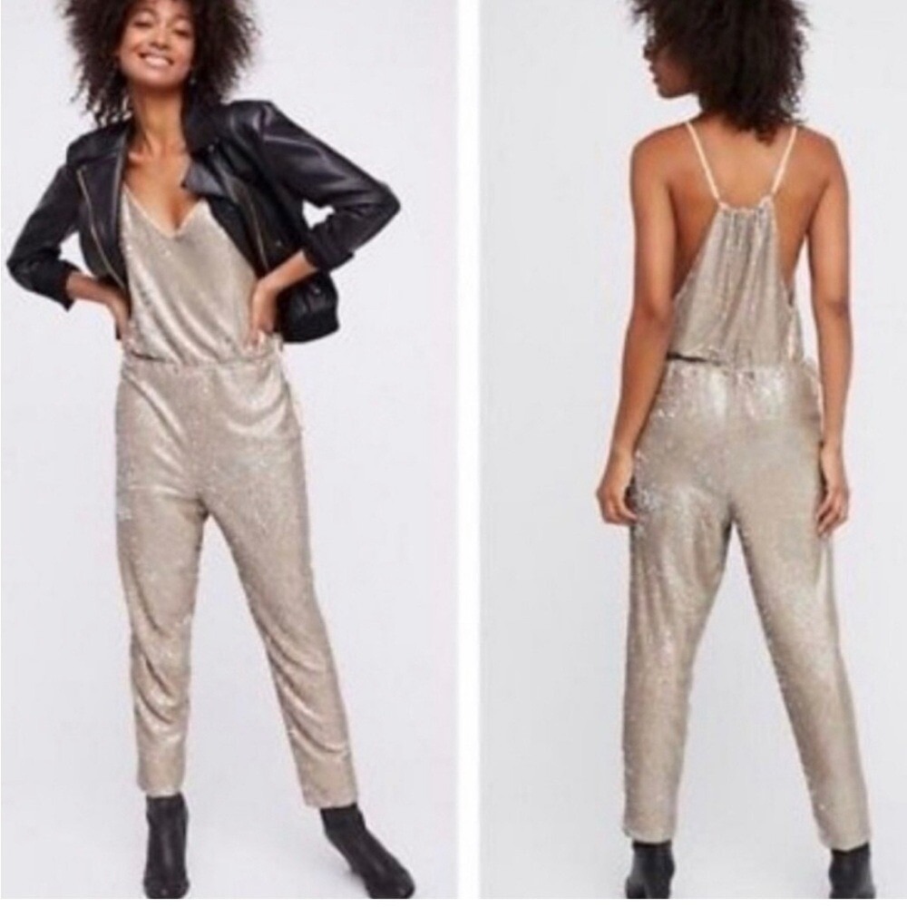 Free People Gold Sequin Jumpsuit V Neck‎ XS Adjustable Waistband